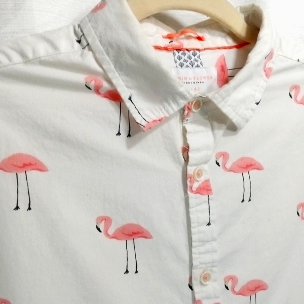 Denim & Flower Men's Short Sleeve Flamingo Slim-Fit Button Up L/42